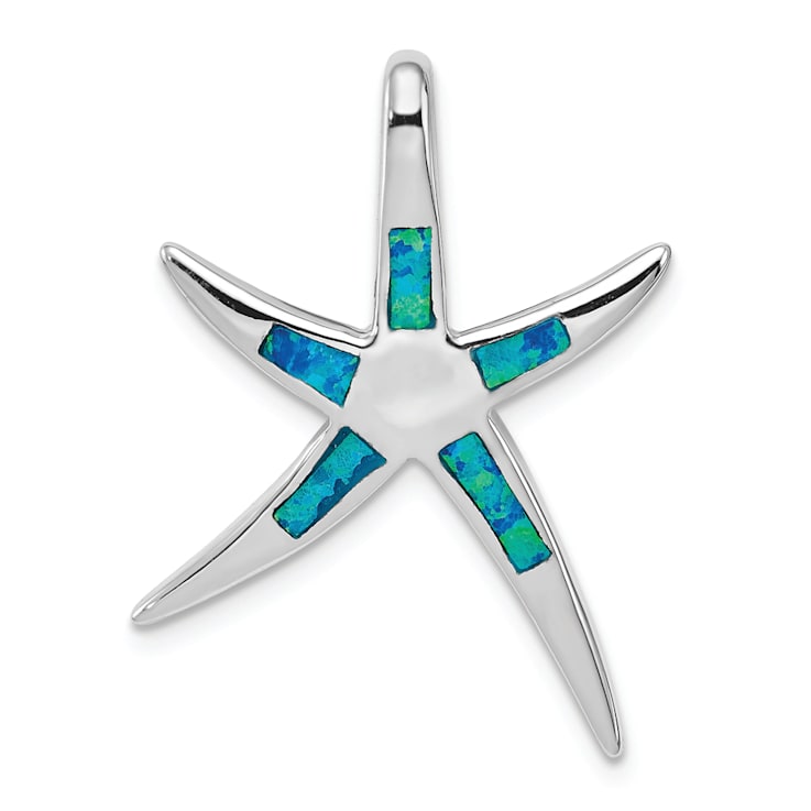 Rhodium Over Sterling Silver Lab Created Blue Opal Inlay Flat Starfish
Slide Pendant
