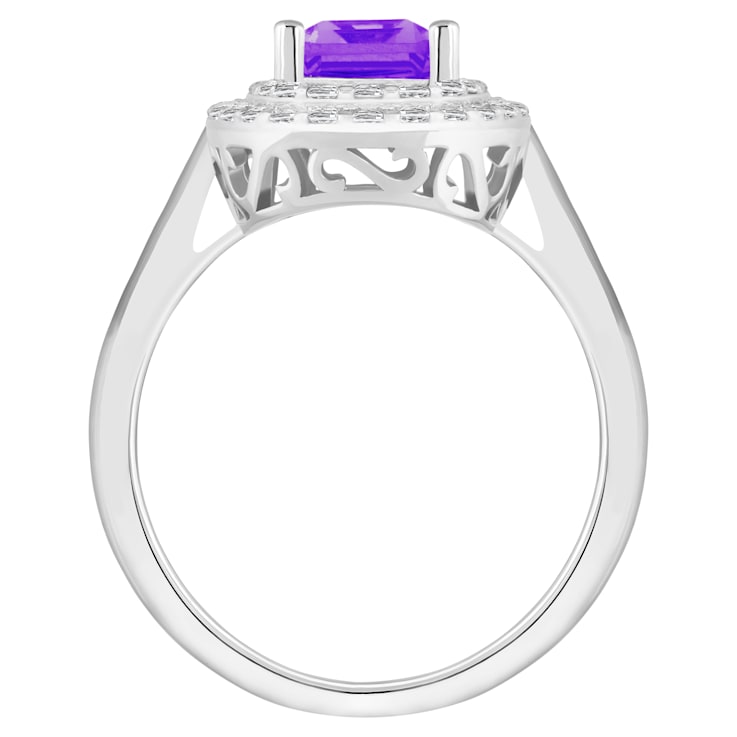 8x6mm Emerald Cut Amethyst And White Topaz Accents Rhodium Over Sterling
Silver Double Halo Ring