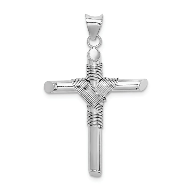 Rhodium Over 14k White Gold with Center Wrap Tube Cross Pendant