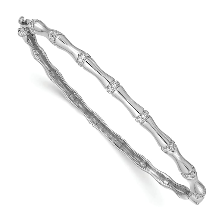 Rhodium Over 14k White Gold 4mm Bamboo Design Diamond Hinged Bangle