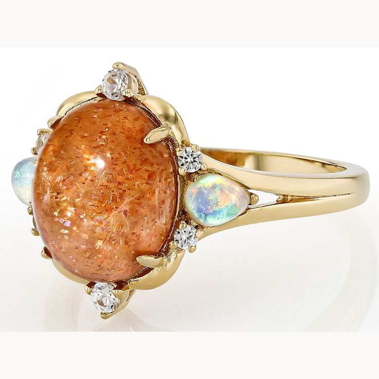 Sunstone, Opal And White Zircon Ring In 18K Gold Over Sterling Silver 0.29ctw