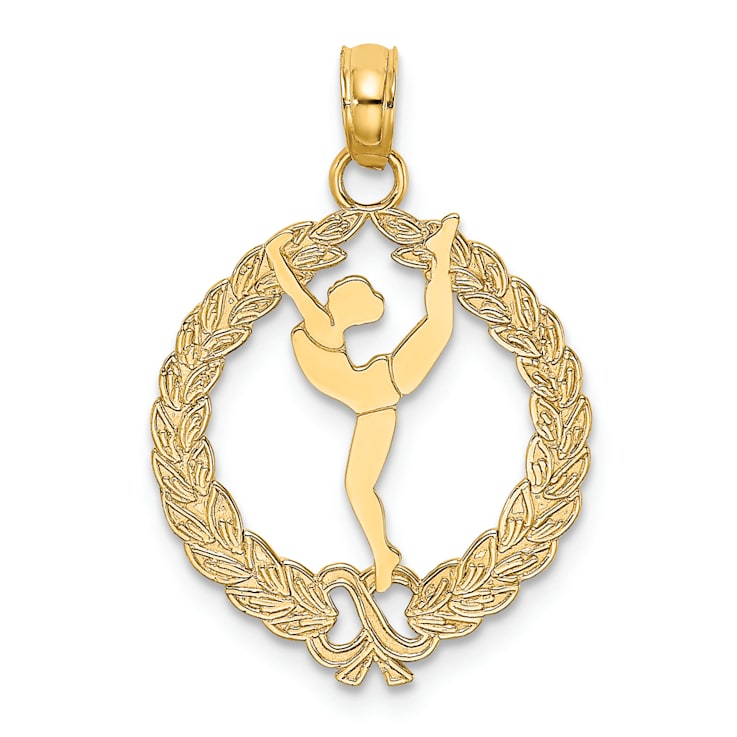 14k Yellow Gold Solid Polished and Textured Framed Gymnast pendant
