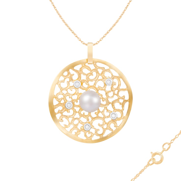 White Cultured Freshwater Pearl and Diamond 14K Yellow Gold Pendant 8-8.5mm