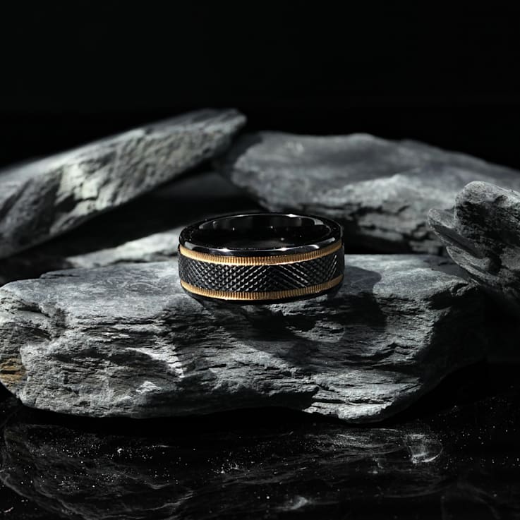 BAROQUE Black Titanium Diamond Pattern Brushed Finish Men’s Wedding Ring
with Milgrain Grooves 8mm