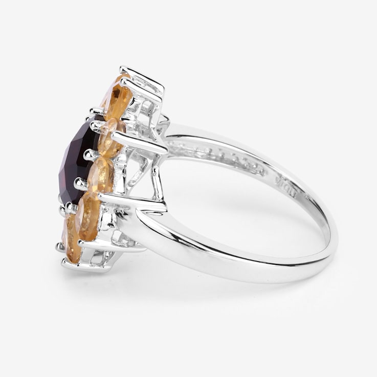 Red Garnet and Yellow Citrine Rhodium Over Sterling Silver Oval Floral
Cocktail Ring 5.5ctw