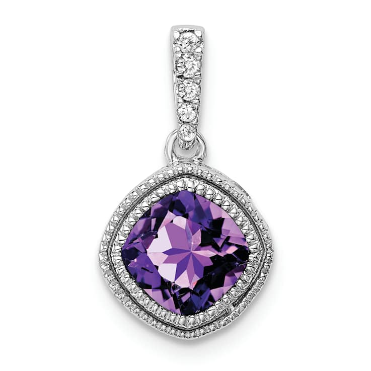 Rhodium Over 10k White Gold Beaded 0.73 ctw Cushion Amethyst and 0.21
cttw diamond Pendant