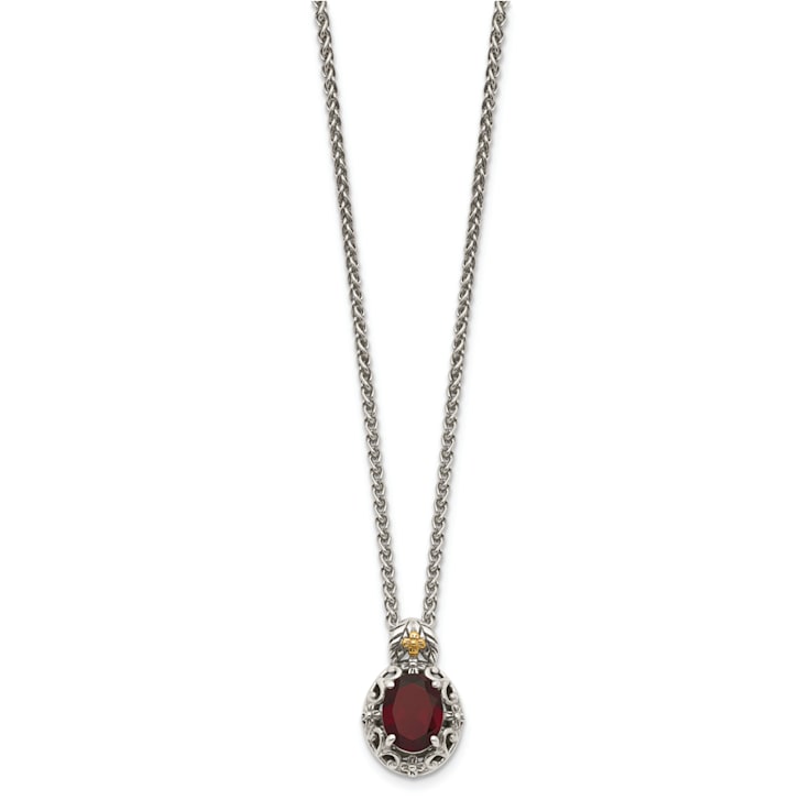 Sterling Silver with 14K Accent Antiqued Garnet Necklace