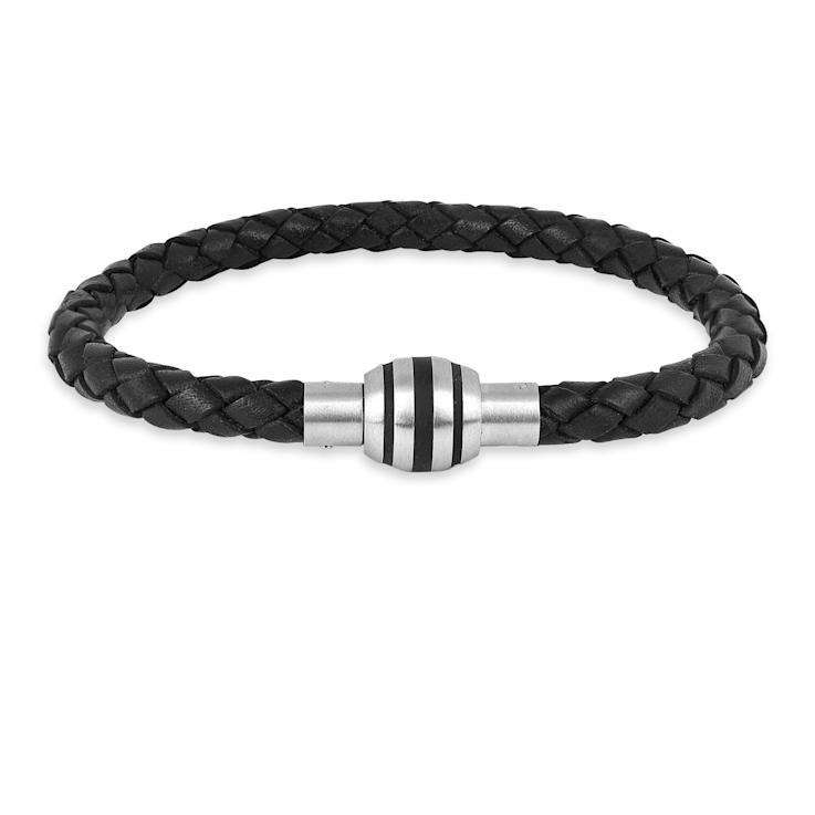 Mens Black Leather Braided Rope Bracelet with Stainless Steel Magnetic Closure