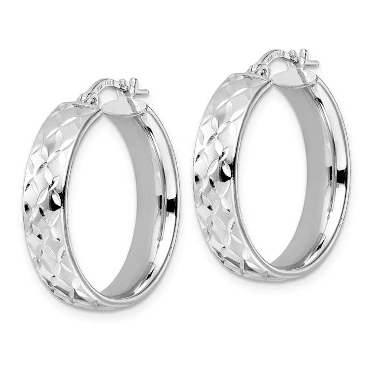 Rhodium Over Sterling Silver 1 1/16" Polished Diamond-Cut Hoop Earrings