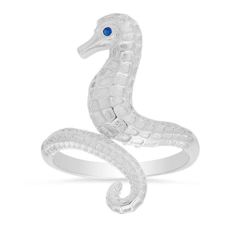 Blue Cubic Zirconia Rhodium Over Sterling Silver Seahorse Ring 0.02ctw