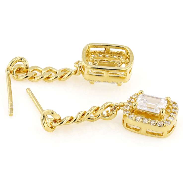 Graceful Emerald-Cut CZ Drop Earrings In 14K Gold Over Sterling Silver
