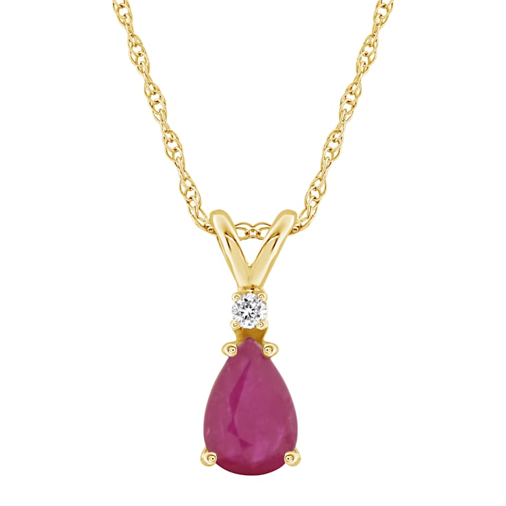 7x5mm Pear Shape Ruby with Diamond Accent 14k Yellow Gold Pendant With Chain