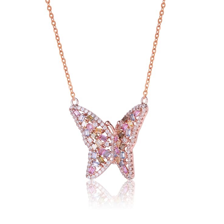 Multi-Color CZ Butterfly Station Necklace In 18K Rose Gold Over Sterling Silver