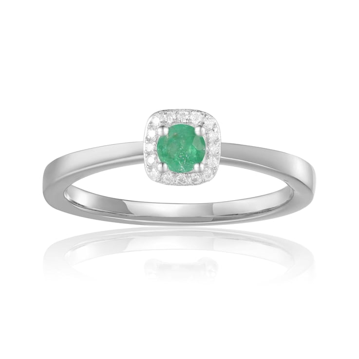 Rhodium Over Sterling Silver Round Emerald and Moissanite Halo Ring