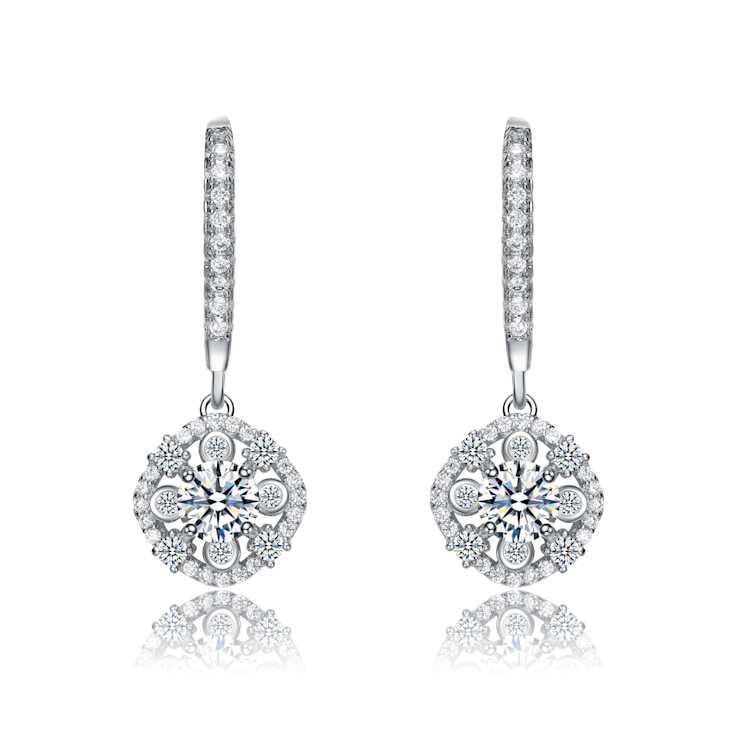 CZ Leverback Drop Earrings In Rhodium Over Brass