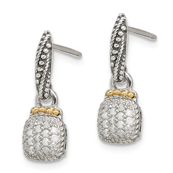 Sterling Silver Antiqued with 14K Accent Diamond Dangle Post Earrings