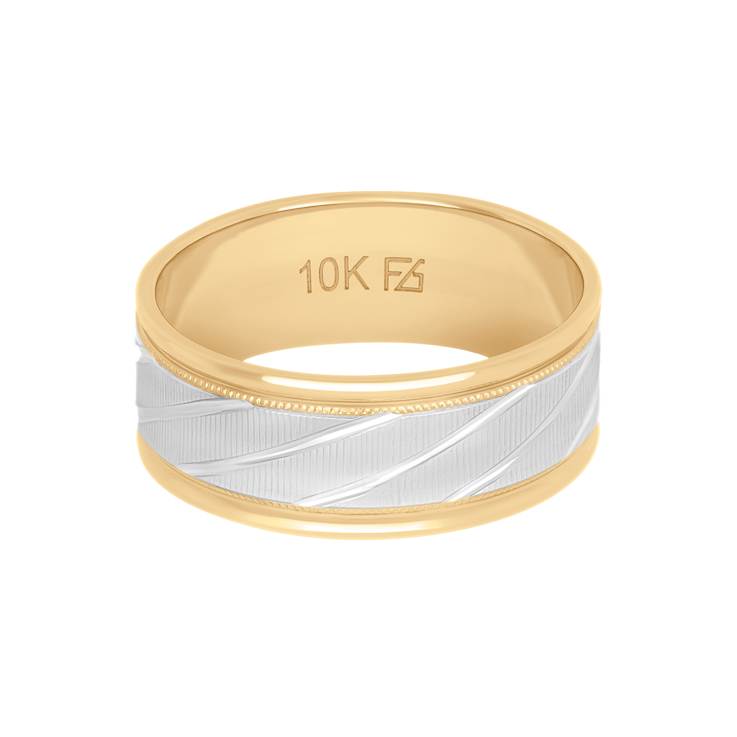 8mm Diagonal Line Band in 10k Yellow Gold with White Rhodium