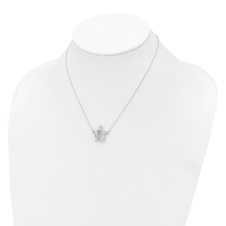 Rhodium Over Sterling Silver Polished Cubic Zirconia Turtles with 2 Inch
Extension Necklace