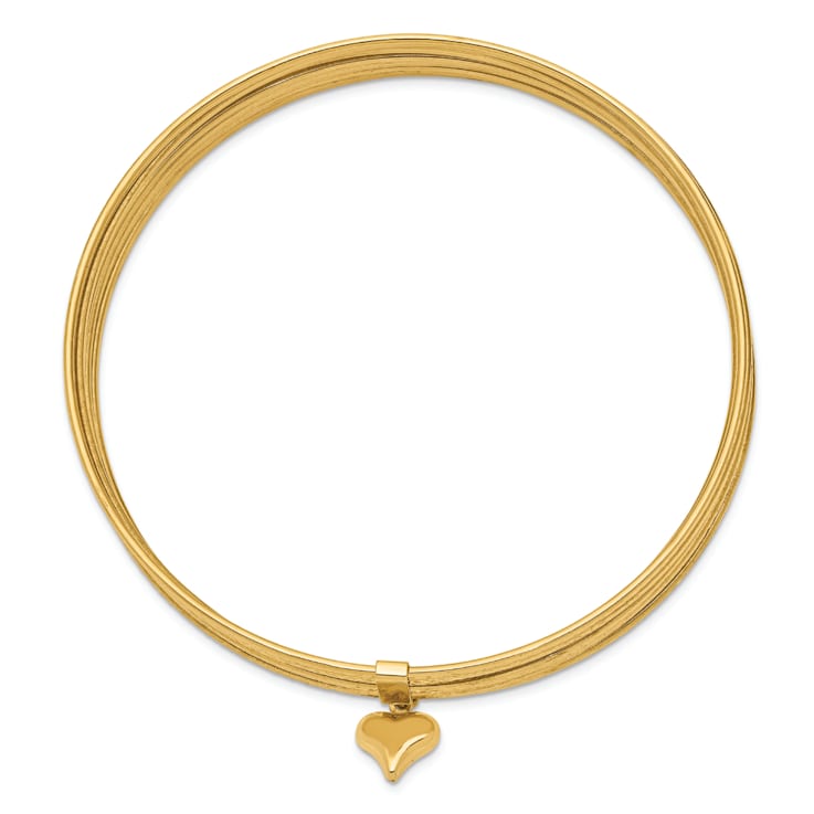 14k Yellow Gold Oversized Set of 7 Slip-on Textured Bangles with Dangle Heart