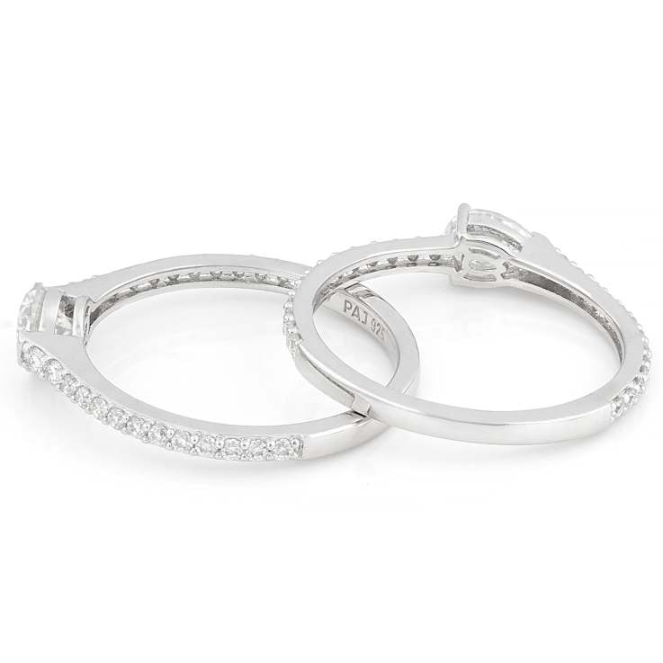 Moissanite Pear and Round Ring Set in Platinum Silver