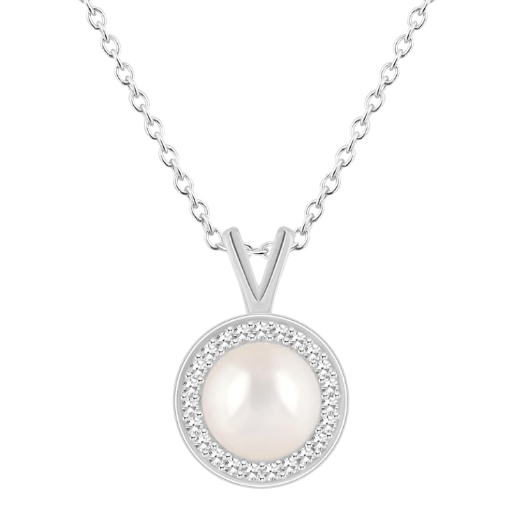 7mm Cultured Freshwater Pearl 1/8 ctw Diamond Rhodium Over Sterling
Silver Halo Pendant with Chain