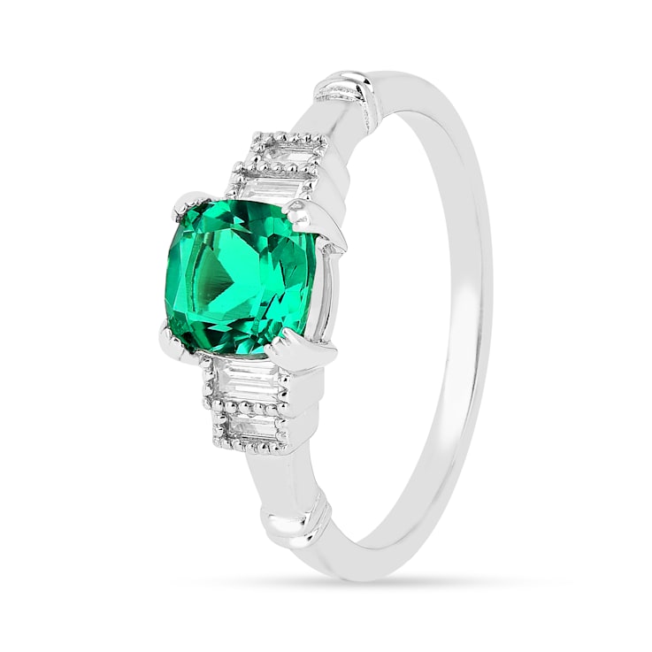 Green Lab Created Emerald and Moissanite Rhodium Over Sterling Silver
Center Design Ring