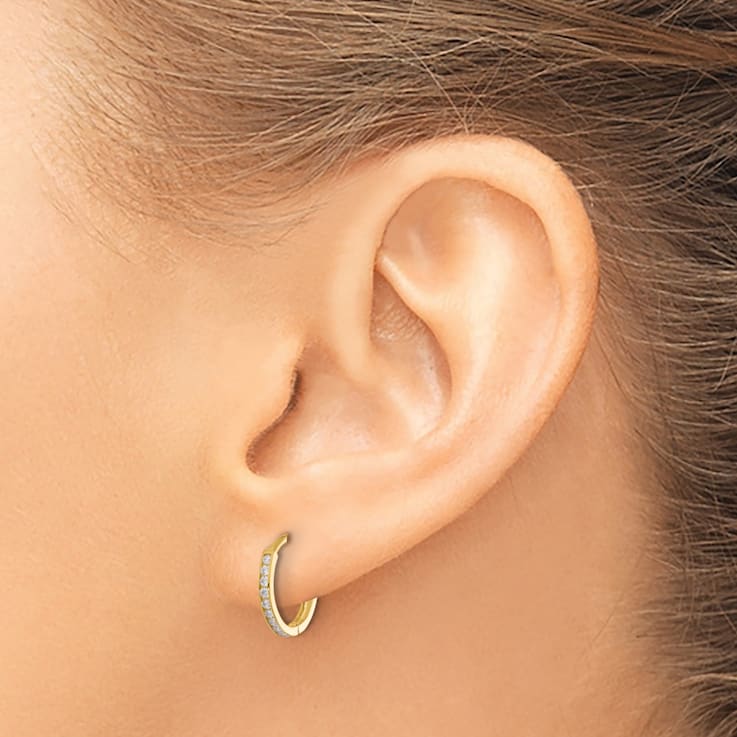 14k Yellow Gold 7/16" Polished Cubic Zirconia Huggie Hoop Earrings
