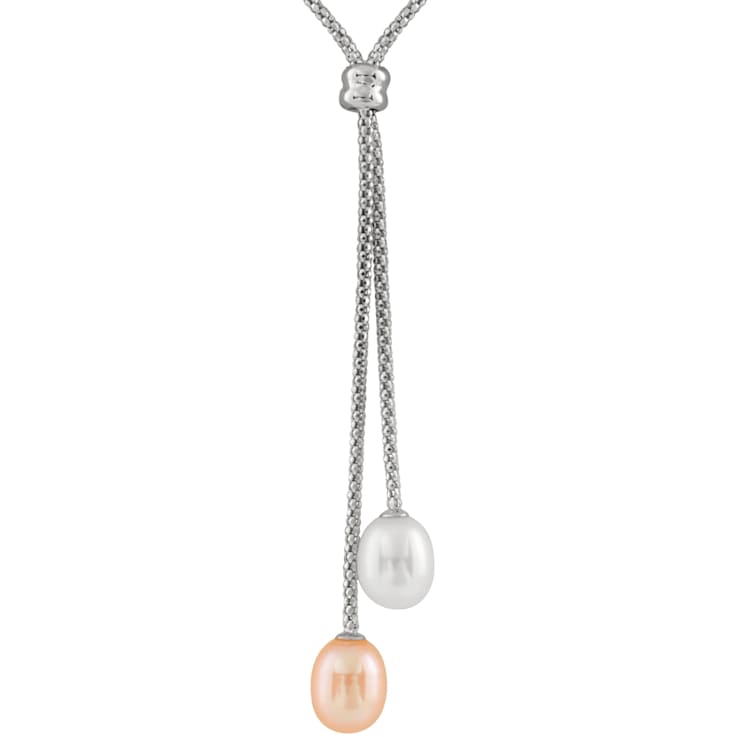 7-8mm White Pink Cultured Freshwater Pearl Sterling Silver Necklace
