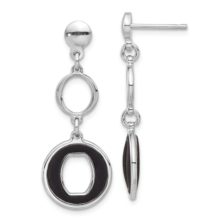Rhodium Over Sterling Silver Polished Black Circle Post Dangle Earrings