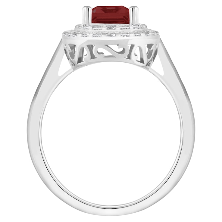 8x6mm Emerald Cut Garnet And White Topaz Accents Rhodium Over Sterling
Silver Double Halo Ring