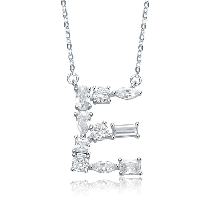 Initial E Mixed Cut CZ Pendant Necklace In Sterling Silver 18 Inch