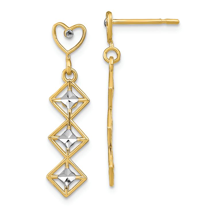 14k Yellow Gold and Rhodium Over 14k Yellow Gold Diamond-cut Heart and
Diamond Shape Dangle Earrings