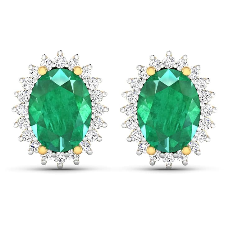 2.0ctw 14K Yellow Gold  Zambian Green Emerald and White Diamond Halo Earrings