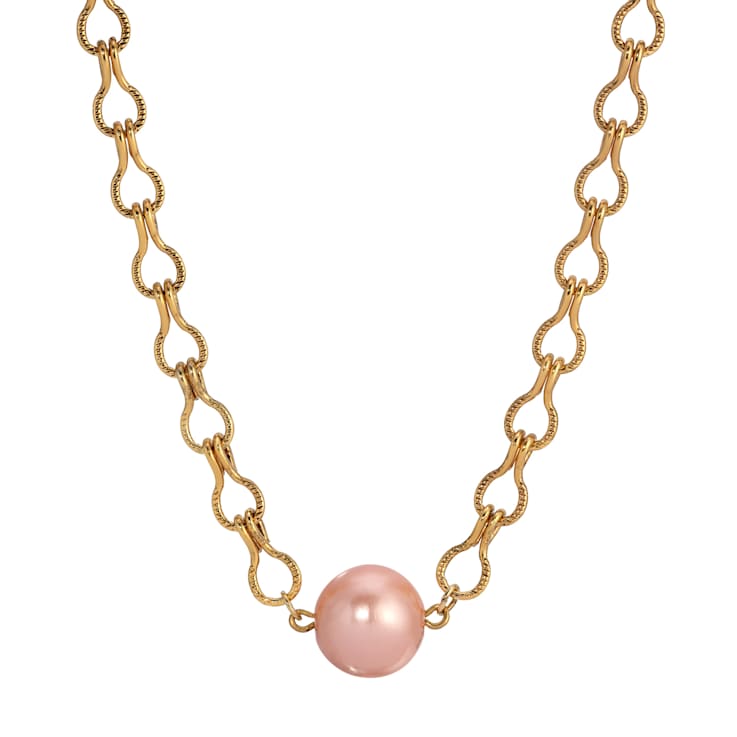 Yellow Base Metal Peach Faux Pearl Bead Necklace 16 inch