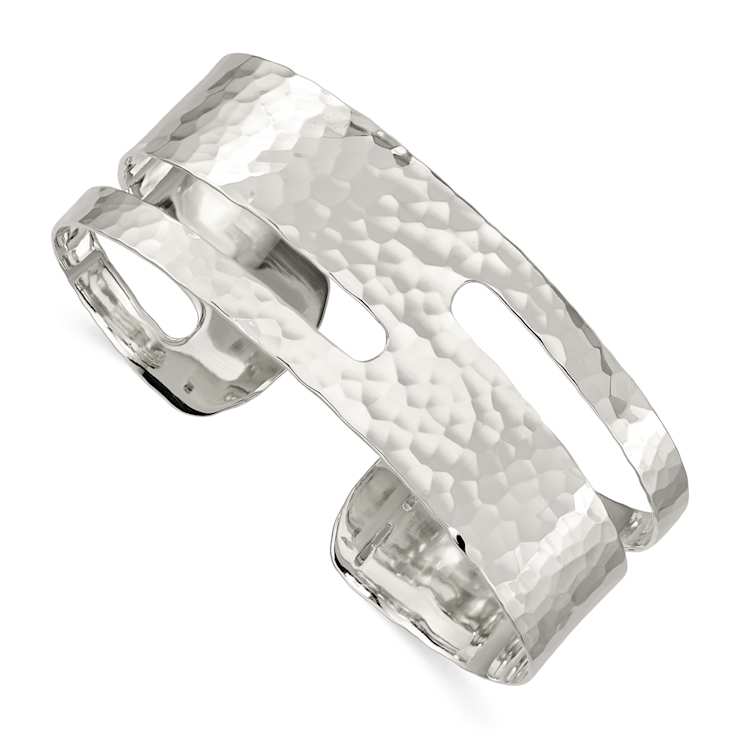 Sterling Silver Solid Polished Hammered Fancy Cuff Bracelet