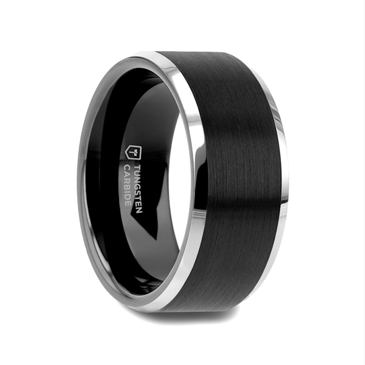 ASTON Black Brushed Center Tungsten Ring with Polished Beveled Edges 10mm