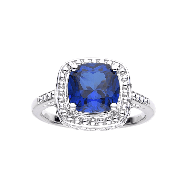 Blue Lab Created Sapphire Square Cushion Rhodium Over Sterling Silver
Solitaire Beaded Halo Ring