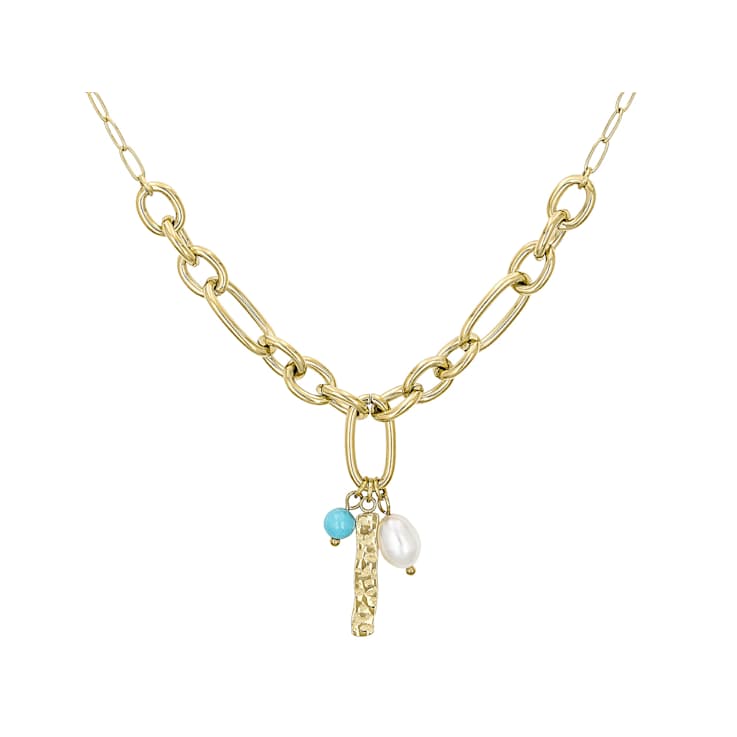 Turquoise Simulant And Freshwater Pearl Charm Necklace In Gold-Tone 18 Inch