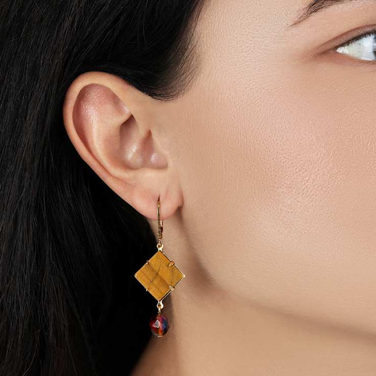 Square Semi-Precious & Round Bead Drop Earrings