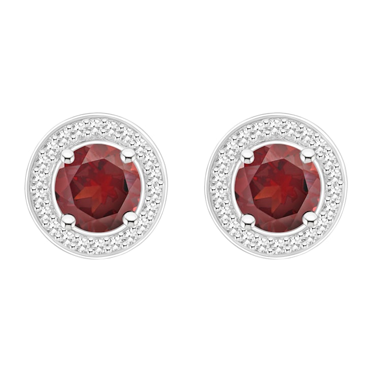 6mm Round Garnet 1/5 ctw Diamond Rhodium Over Sterling Silver Halo Stud Earrings