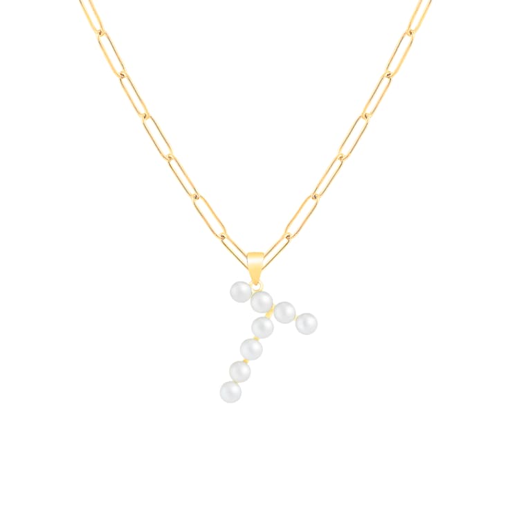 Letter T Initial Cultured Freshwater Pearl 18K Gold Over Sterling Silver
Pendant With  18" Chain