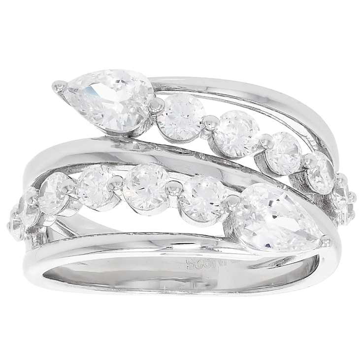 Round And Pear CZ Bypass Ring In Sterling Silver