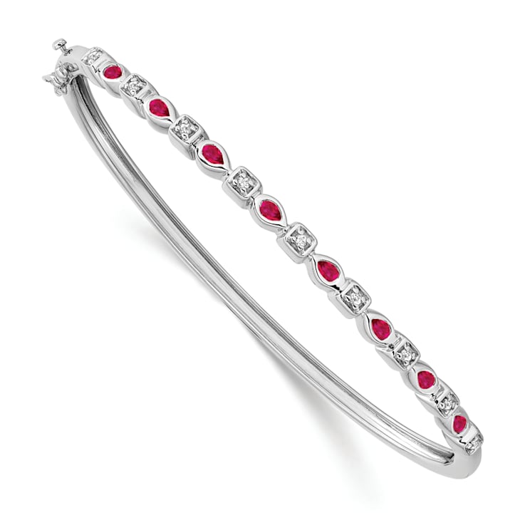 Rhodium Over 14k White Gold Ruby and Diamond Bangle