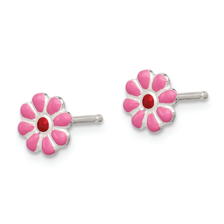 Sterling Silver Pink/Red Enamel Flower Children's Post Earrings