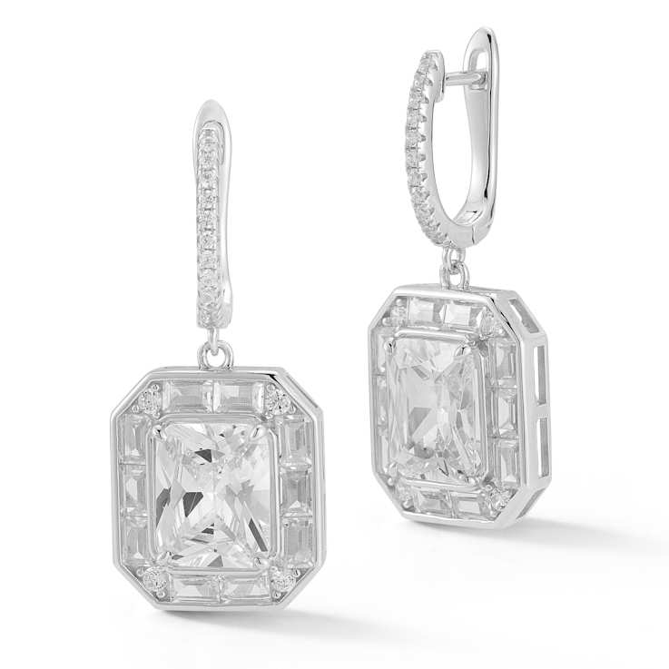 Rachel Zoe CZ Radiant Cut Charm Dangle Earrings in Rhodium Over Sterling Silver