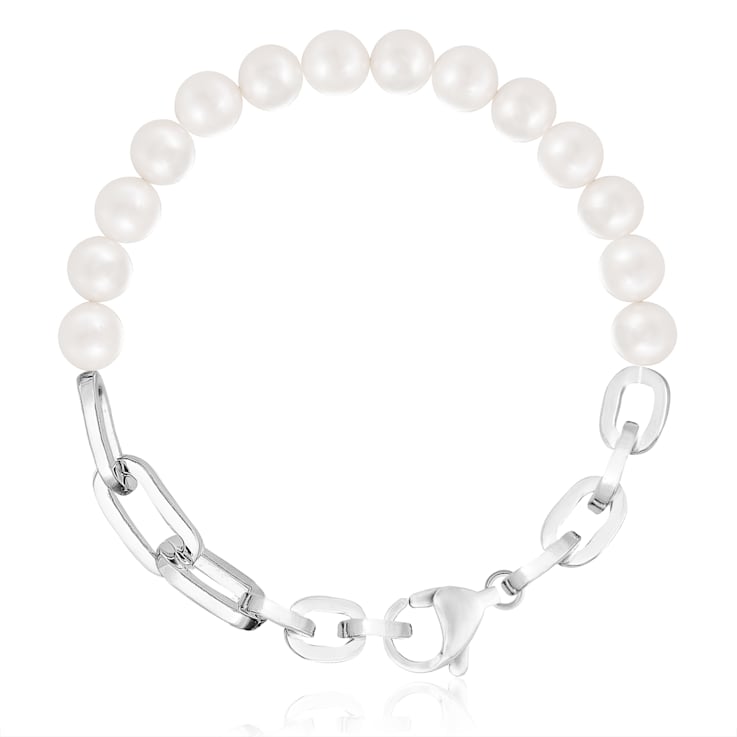8-8.5mm White Cultured Freshwater Pearl Silver  Bracelet