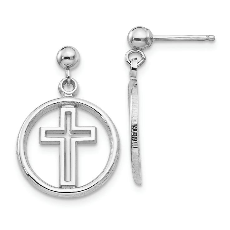 Rhodium Over 14k White Gold Polished Eternal Life Cross Dangle Earrings