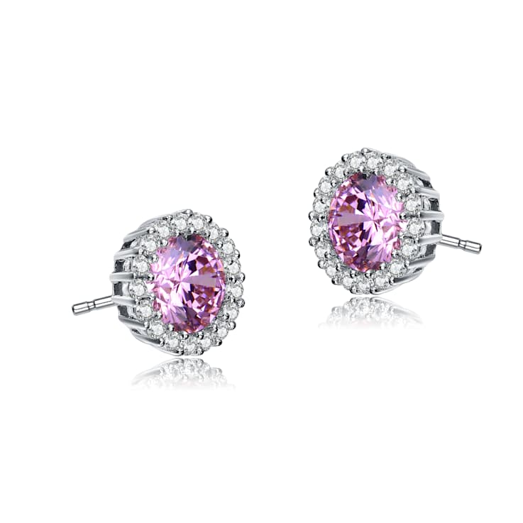 Pink CZ Halo Stud Earrings In Sterling Silver