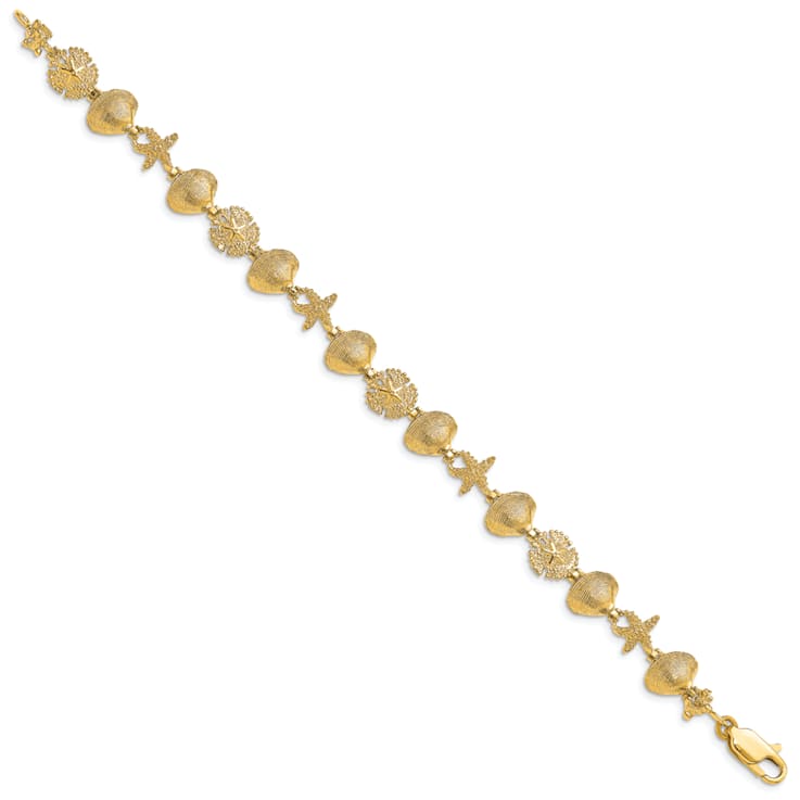 14k Yellow Gold Textured Sand Dolloar, Clam, Starfish Link Bracelet
