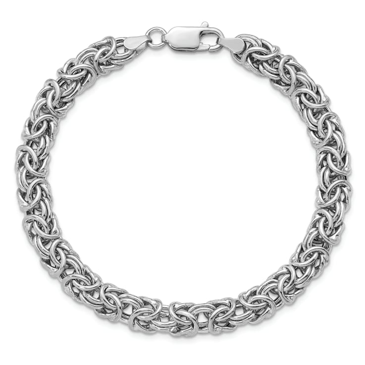 Rhodium Over Sterling Silver 7.5mm Hollow Byzantine 8 Inch Bracelet